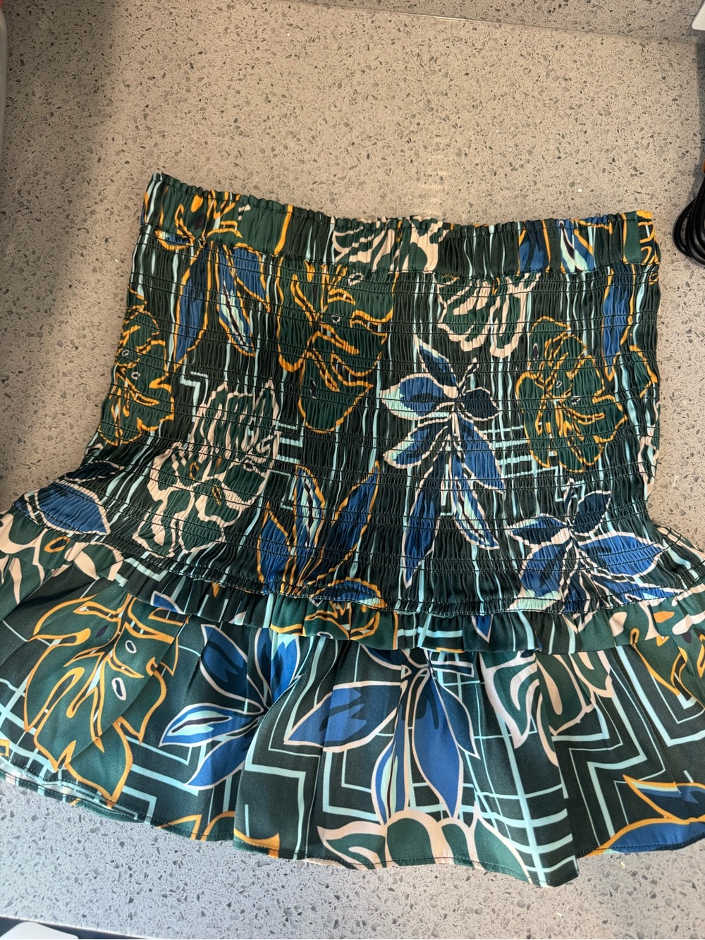 SER.O.YA Green Floral Smocked Mini Skirt with Blue & Gold Print
